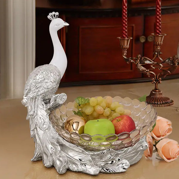 silver fruit bowl, modern silver fruit bowl, peacock fruit bowl