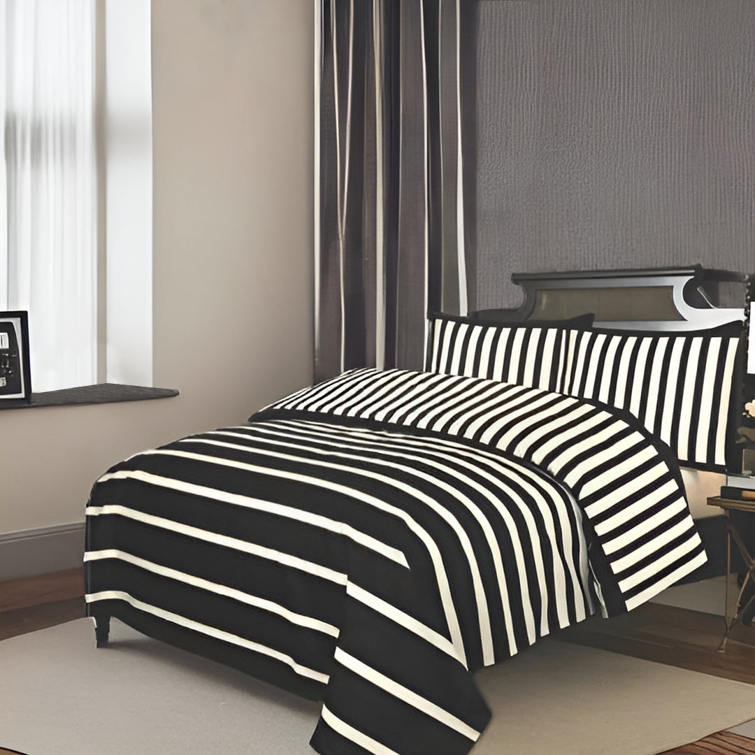 Complete Duvet Cover Bedding Set Stripe Pattern Black