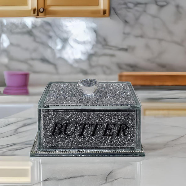 crystal butter dish, crushed diamond butter dish