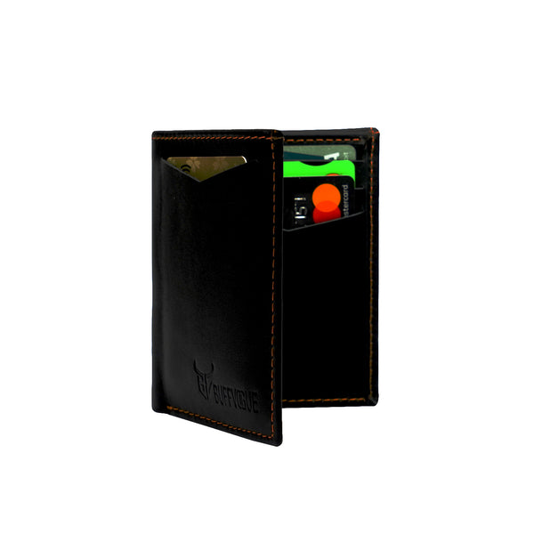 Premium & Genuine Leather Black Card Holder Slim Wallet with Mustard Thread
