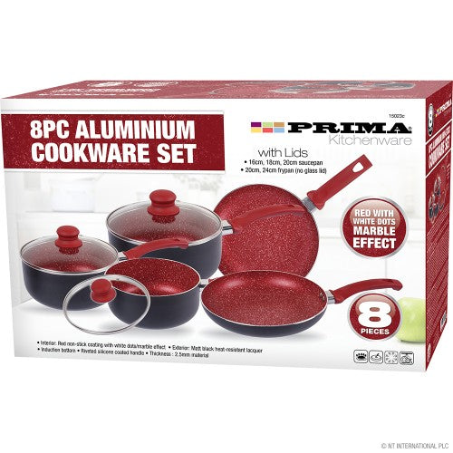 8pc Aluminium Cookware Set in Red Marble Effect