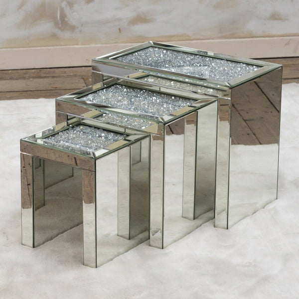 mirrored nest of tables, mirrored nesting tables, crushed diamond mirrored nest of tables