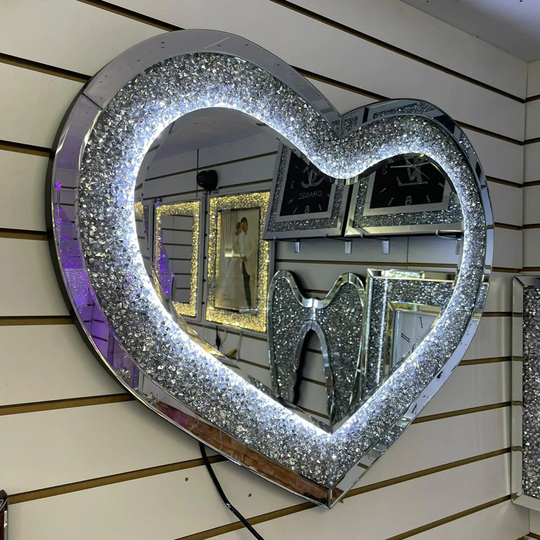 heart shaped wall mirror, led wall mirror, diamond wall mirror, diamond crush wall mirror