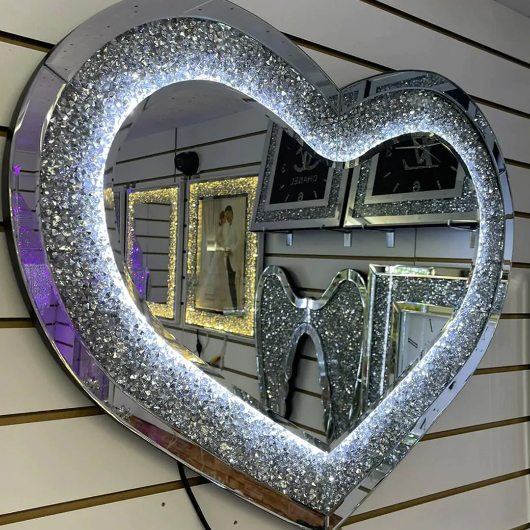 heart shaped wall mirror, led wall mirror, diamond wall mirror, diamond crush wall mirror